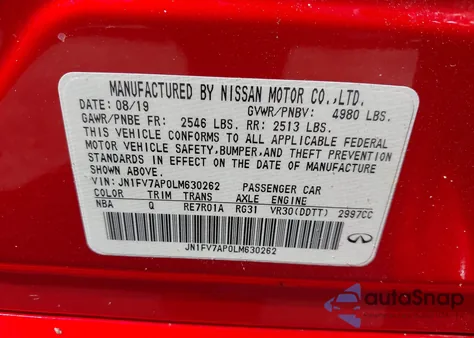 2020 Infiniti Q50 Red Sport 400 from USA, damaged, VIN JN1FV7AP0LM630262